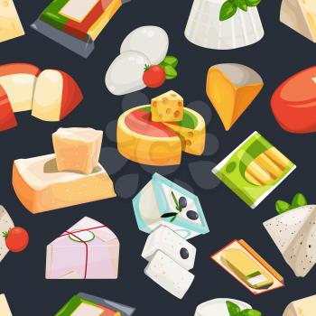 Different grades of cheeses. Vector seamless pattern in cartoon style. Cheese product pattern, background with collection of organic cheese illustration