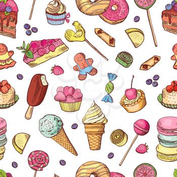 Vector seamless pattern of candies, ice cream, cake and other different sweets. Hand drawn illustrations. Sweet food pattern seamless, chocolate ice cream and cupcake