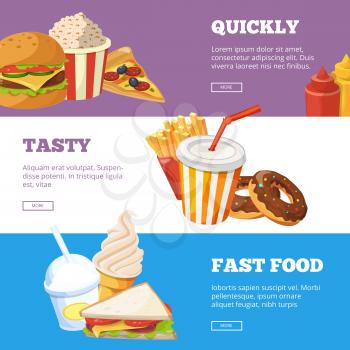 Three horizontal banners of fast food vector illustrations with burger, sandwich, ice cream and cold drinks. Picture in cartoon style fast food tasty and quickly