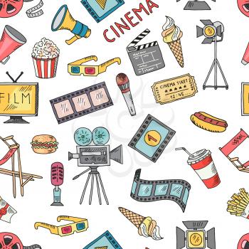 Cinema collection set. Vector seamless pattern of cinematography elements. Background with video cinematography, movie and entertainment illustration