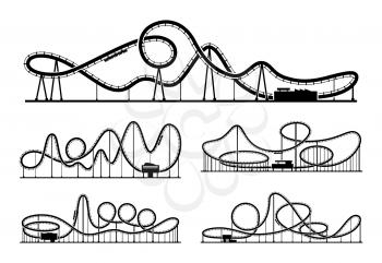 Rollercoaster vector silhouettes isolate on white background. Amusement park illustration. Park funfair, recreation element rollercoaster white black