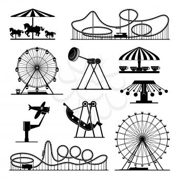 Vector icons of different attractions in amusement park. Attraction icon for carnival and amusement park illustration