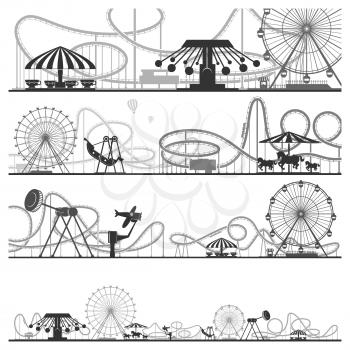 Set of horizontal amusement park silhouettes. Vector illustrations of roller coasters. Amusement black silhouette park