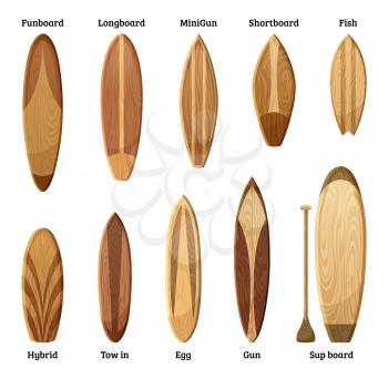 Different sizes and designs of wood surfboards isolate on white background. Vector illustration. Collection of surfing boards funboard and minigun, shortboard and hybrid
