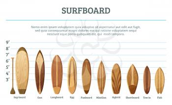 Vector set of different hawaiian surfboards isolate on white background. Surfing surfboard woooden, illustration of surf board for water sport