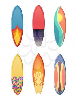 Surfboards set of different retro colors. Vector sport illustration isolate on white background. Surfboard collection with colored pattern illustration