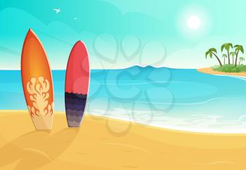 Surfboards in different colors. Sea and sand beach. Vector summer background illustration. Holiday sea summer with colored surfboard