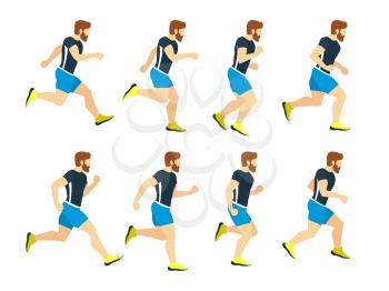 Running man young athlete in tracksuit. Animation frames. Vector sport illustrations isolate on white. Athlete run character, runner cartoon male training