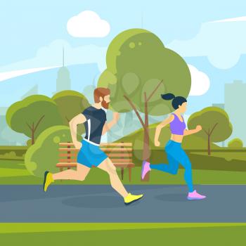 Runners in the city park. Urban lifestyle vector illustration. Runners woman and man in green park, athlete man outdoor run