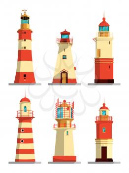 Lighthouses in different styles. Vector cartoon illustrations set. Navigation lighthouse, sea beacon light