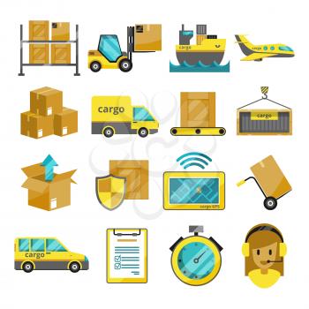 Cargo vector icon set isolated. Airplane, harbor ships, logistic conveyer. Illustration of shipping and logistic transportation
