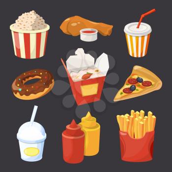 Vector collection of fast food pictures in cartoon style. Pizza and drink, snack donut and fast food illustration