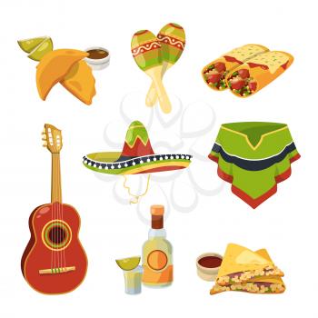 Traditional mexican cuisine food and other different national elements. Vector illustrations in cartoon style. Food mexican and national tequila and burrito