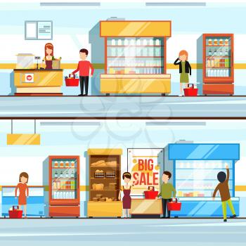 Vector concept illustration of shopping. Peoples in supermarket interior. Shop counter and different products. Checkout line. Shopping and assortment food in retail, department of market retail