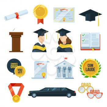Vector icons set of graduation student party. Gown and cap, diplomas. Illustration in flat style. Education in university or college icons, graduate college certificate