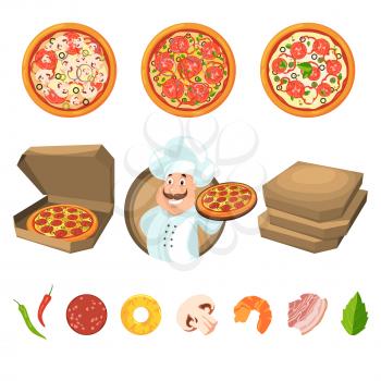 Fast food for party or italian lunch. Pizza with cheese and vegetables. Vector illustration in cartoon style. IUtalian pizza for dinner