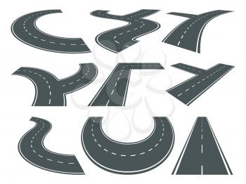 Different isolated curved asphalt roads. Street in perspective. Vector set curve path asphalt road illustration