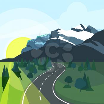 Panoramic summer landscape with environment and road in perspective. Road in nature environment illustration vector