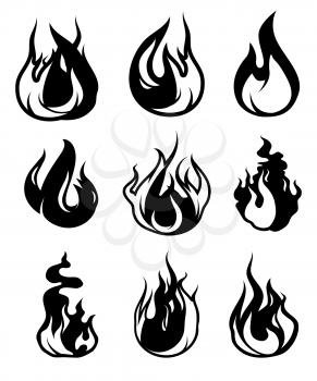 Monochrome symbols of flame. Vector black icons isolate on white. Fire sign monochrome, illustration of black bonfire silhouette