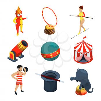 Circus icon set. People, animals, magician show clowns and other vector illustration in cartoon style. Clown and animal, acrobat performance