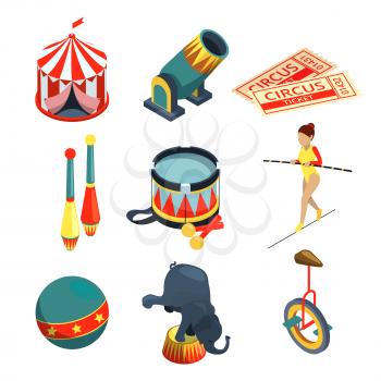 Funny circus illustrations in cartoon style. Lion trainer, clowns juggling balls. Vector pictures set. Circus ball for entertainment and performance