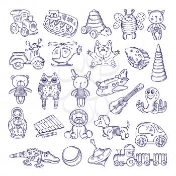 Vector drawing vintage collection of toys. Children games. Illustration isolate on white. Toys for game and play in cartoon style