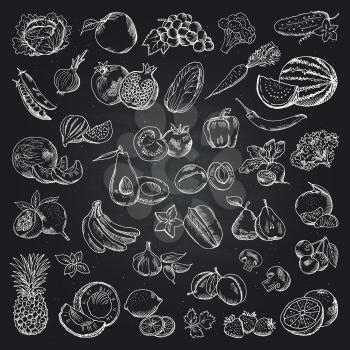 Fruits and vegetables illustrations. Health food doodle pictures on the black background. Vector set of vegetable and fruit health food