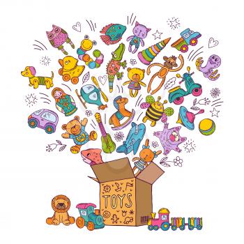 Childrens box for toys. Doodle pictures vector illustration. Children toys collection, color kids toys in box