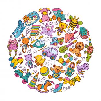 Childrens toys icon set in circle shape. Doodle vector illustration. Colored toys for baby children game