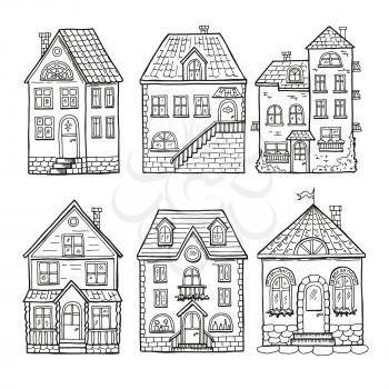 Cute little houses and different roofs. Doodle vector illustration of home. Architecture hand drawn house with window and door