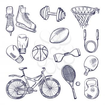 Illustrations of different sports fitness equipment. Vector doodle icons set. Ball and weight, bicycle and basketball