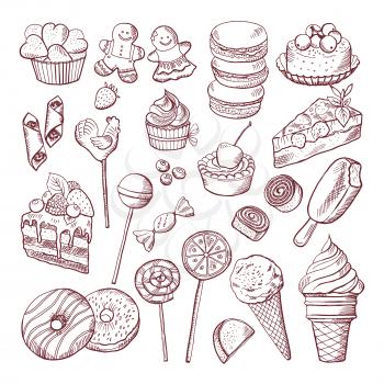 Vector doodle pictures of different desserts sweets and cakes. Sweet cake sketch doodle, illustration of sweet food
