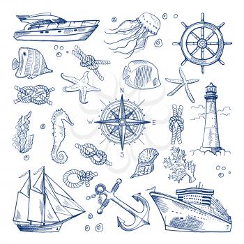 Sea or ocean underwater life with different animals and marine objects. Vector pictures in hand drawn style. Marine life sketch, nature animal fish illustration