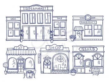 Buildings facade front view. Shop, cafe, mall and pharmacy. Doodle illustrations set. Facade of pharmacy and store building architecture