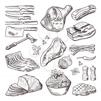 Different meat food. Pork, bacon and kitchen accessories. Knife and axe vector. Hand drawn meat and knife for cut beef illustration