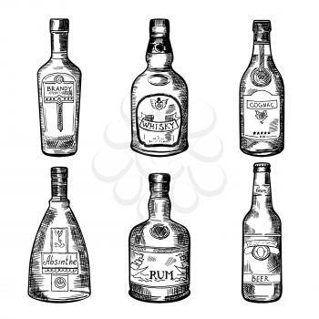 Different alcoholic drinks in bottles. Vector illustration in hand drawn style. Sketch of bottles absinthe, rum and cognac