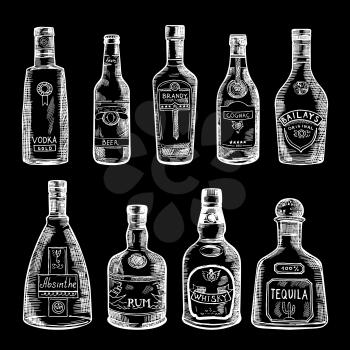 Hand drawn illustration of different bottles isolate on dark background. Vector set of drinksketch cognac and bottle of vodka