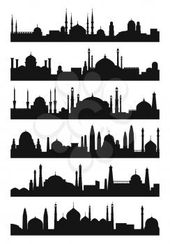 Arabic architecture silhouette of mosque roof. Vector city isolate on white background. Black silhouette islamic mosque illustration
