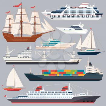 Sea transportation. Vector illustrations of ships and different boats. Flat style pictures, Collection of ships boat and cruise ocean travel