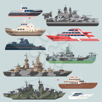 Passenger ships and battleships. Submarine destroyer in the sea. Water boats vector illustrations in flat style. Battle boat ship and marine transport military