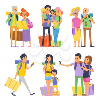 Happy family goes to vacation. Mother father and children. Grandmother and grandfather. Vector illustration. Family mother father on vacation, holiday grandfather and grandmother