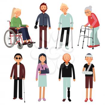 Flat style illustration set of disabled people in different poses. Vector pictures of hospital patients isolated. Invalid disabled person in wheelchair, disability man