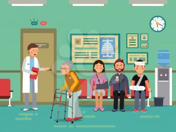 Patients and disabled peoples waiting doctor in clinical room. Vector medical. Clinic hall with patient, illustration of medical patients in line