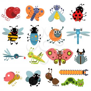 Vector illustration of insects and bugs. Characters set of insects bee and ladybug