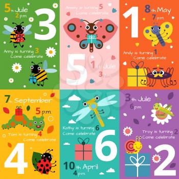 Invitation cards for kids birthday with illustrations of funny insects and bugs. Vector invitation to kids birthday with dragonfly or caterpillar