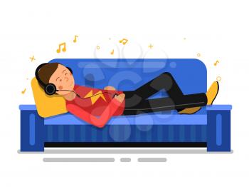 Man listening music and relaxing on sofa couch. Vector indoor illustration in flat style. Man on sofa home with music in headphone