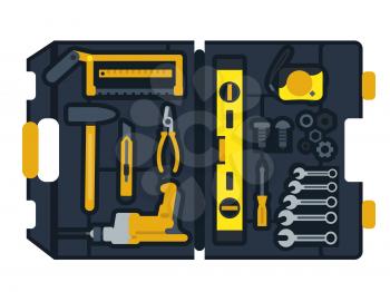 Vector illustration of construction tools box. Tool for repair, equipments for construction in box
