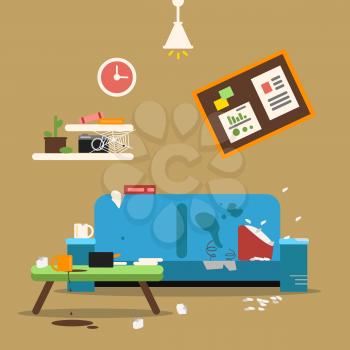 Sofa in dirty organized apartment. Different trashes in room. Flat style vector illustration. Sofa interior at home apartment, dirty room chaos
