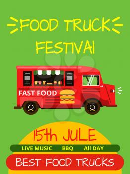 Banner or menu for food truck festival. Vector poster urban barbecue, van food and festival party illustration