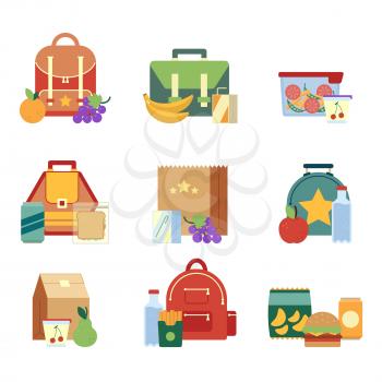 Lunch box and bag with healthy food for kids. Vector illustrations in flat style. Pictures isolate on white background. Lunch bag of set, snack and drink for lunch